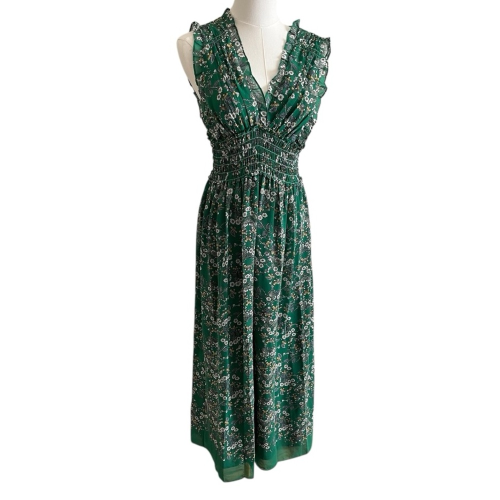 Green Floral V-Neck Smocked Waist Maxi Dress